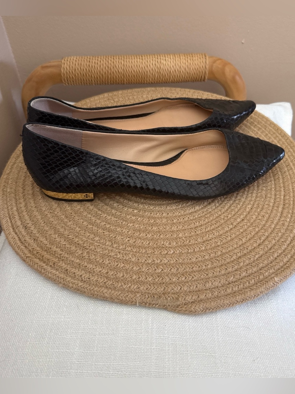 Tory Burch Black Snakeskin-Texture Pointed Toe Flats with Gold Heel